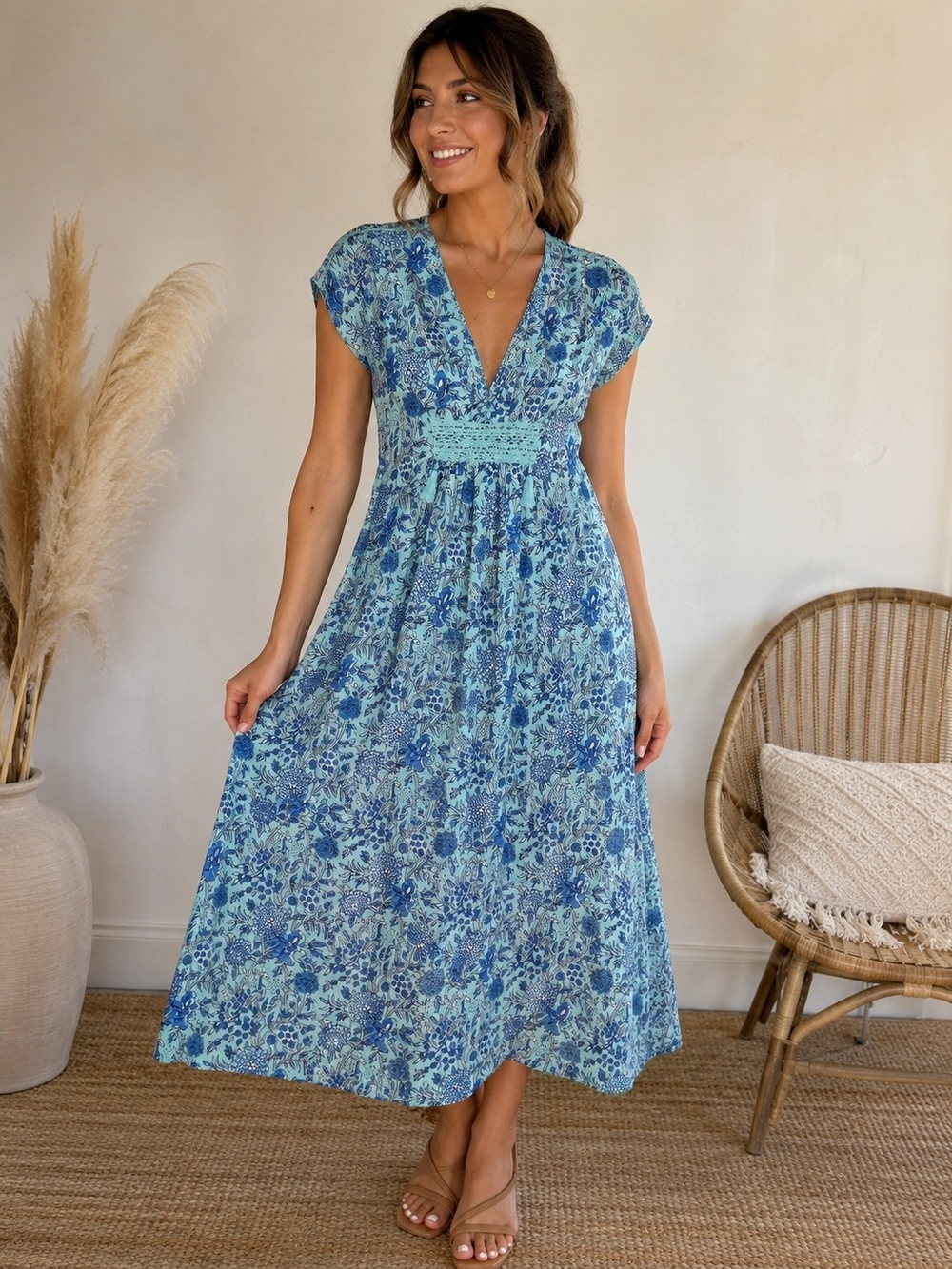 Destination 365 Blue Floral Boho Maxi Dress NWT | Empire Waist Tassel| Medium